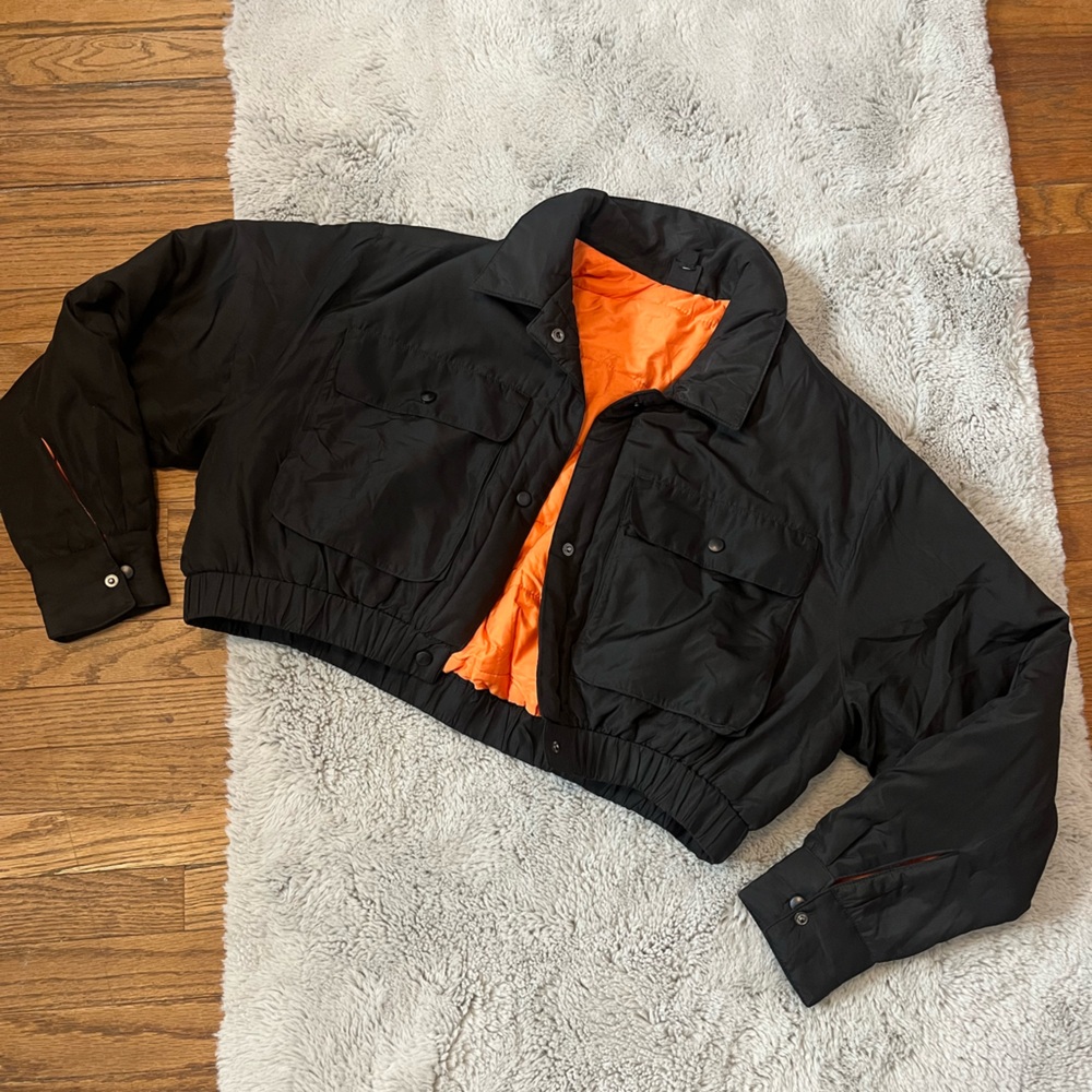 Black and Orange Cropped Bomber Jacket